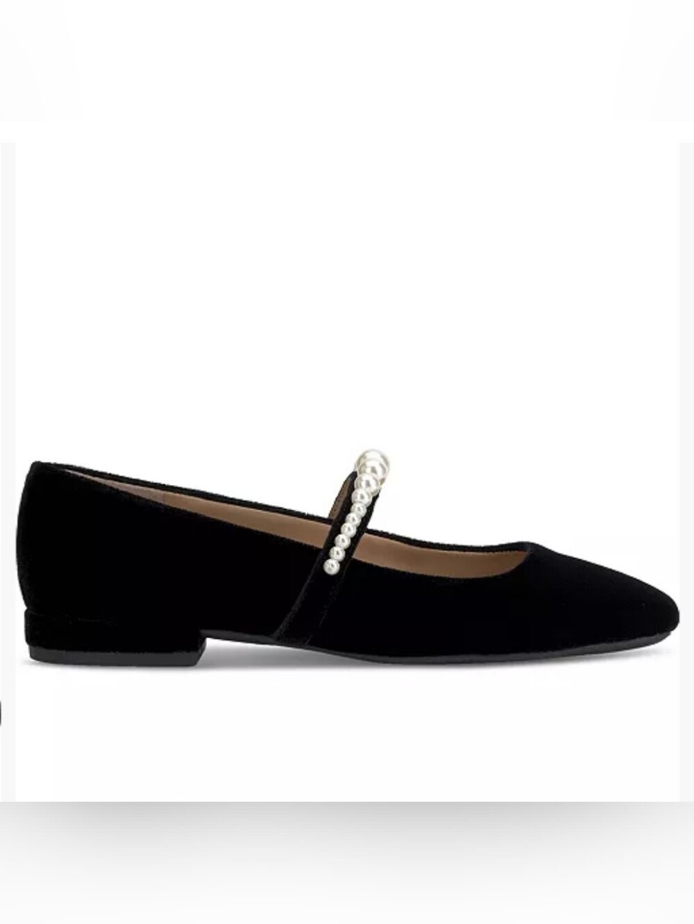 Pearl-Embellished Black Velvet Mary Jane Flats